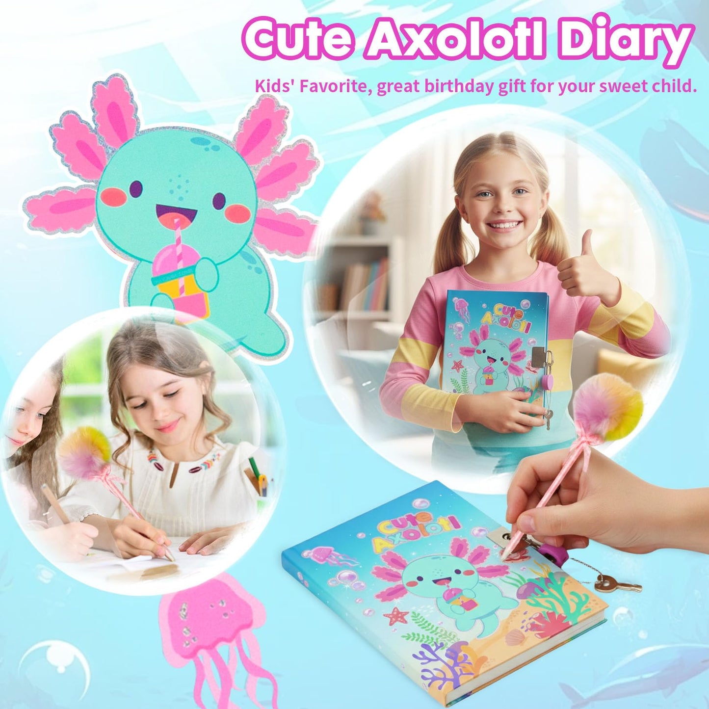 Axolotl Diary for Girls with Lock, Axolotl Stationery Set with Secret Diary, Stamps, Pens, Axolotl Journal Notebook Birthday Gifts for Little Girls Age 5 6 7 8 9 10-12