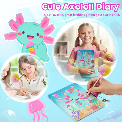 Axolotl Diary for Girls with Lock, Axolotl Stationery Set with Secret Diary, Stamps, Pens, Axolotl Journal Notebook Birthday Gifts for Little Girls Age 5 6 7 8 9 10-12