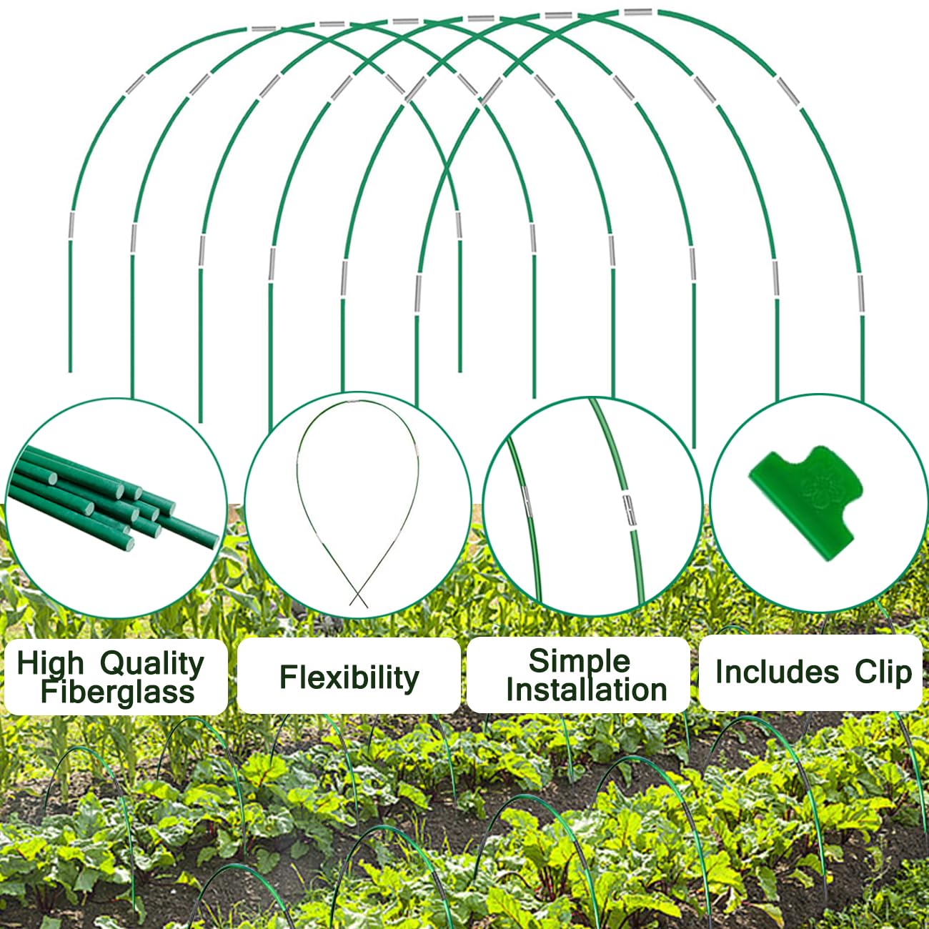 36PCS Greenhouse Hoops Grow Tunnel, 6 Sets of 8FT Long Garden Hoops, DIY Width Grow Tunnel for Raised Beds, Fiberglass Garden Hoops Kit, Rust-Free Garden Tunnel for Garden Fabric,Garden Hoops