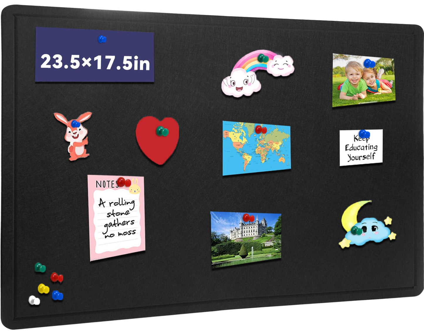 Bulletin Board, 23.5 X 17.5 inches Cork Board with 20 Pushpin, Felt Cork Board Notice Pin Board, Self-Adhesive Foldable Vision Board for Wall - Black