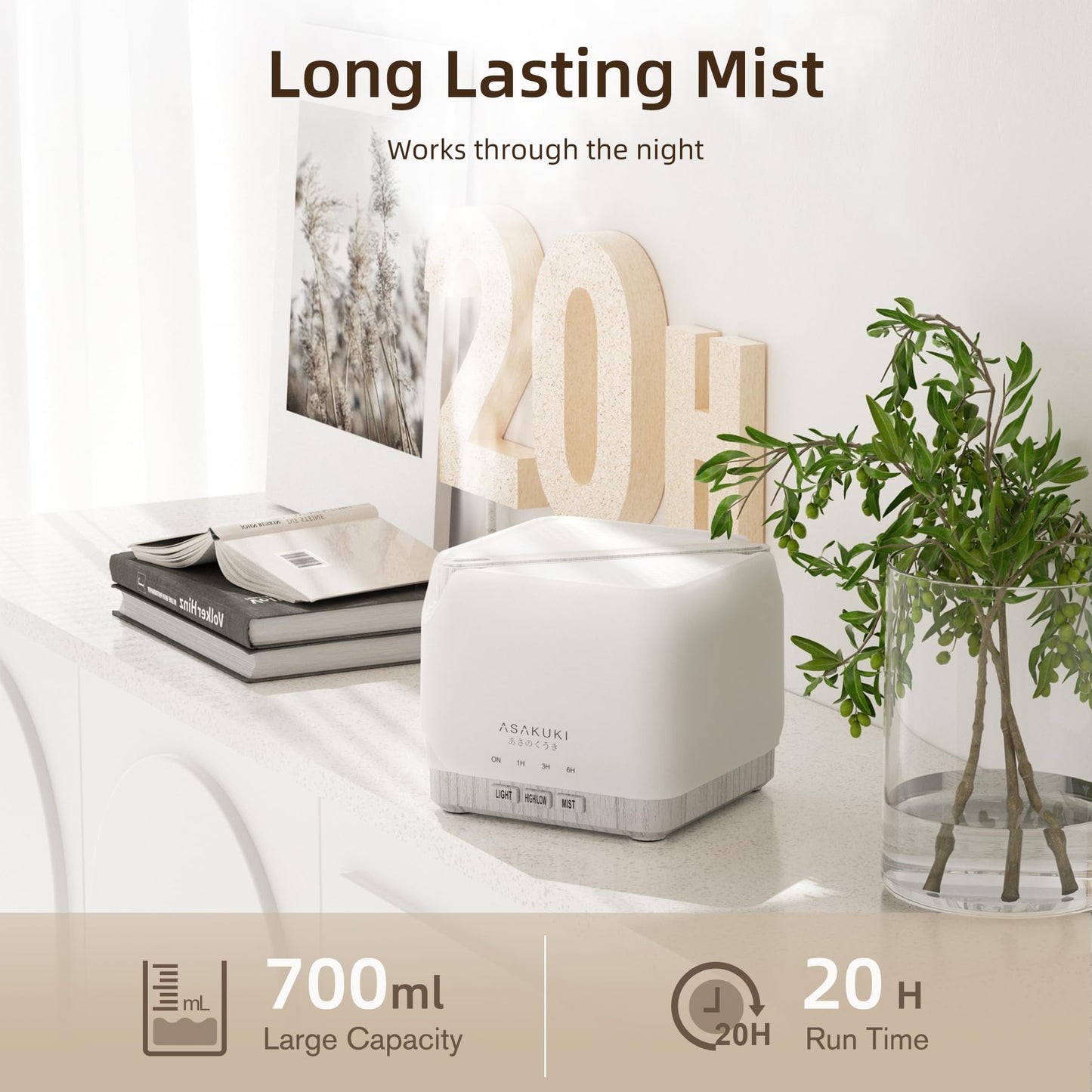ASAKUKI 700 ml Essential Oil Diffuser, Multifunctional Ultrasonic Aromatherapy Fragrant Oil Vaporizer Humidifier with Timer, Auto-Off Safety Switch, and 7 LED Light Colors (White Wood)