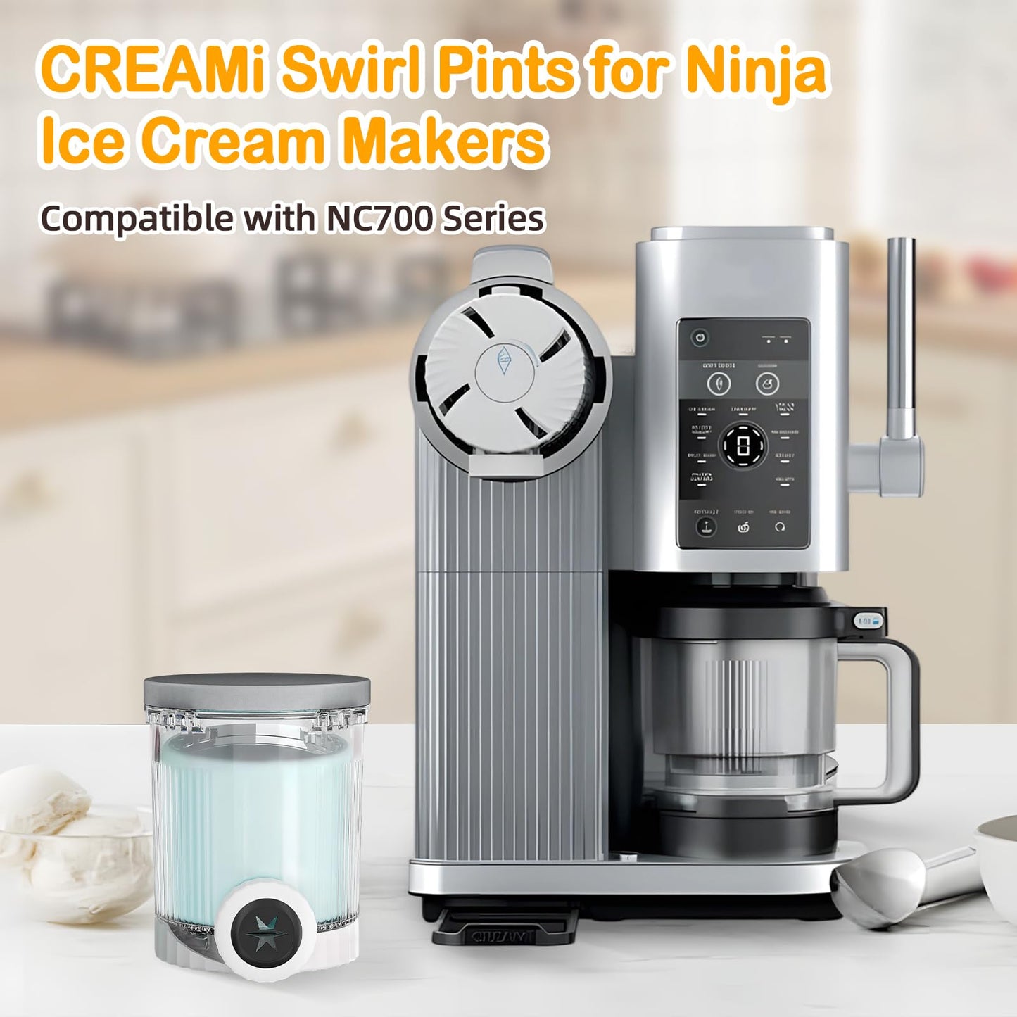 2 Pack Ice Cream Pints and Lids Compatible with Ninja Creami NC701C NC700 Series Swirl Ice Cream & Soft Serve Makers, 16oz Container with 4Pcs Replacement Swirl Nozzles - BPA Free, Dishwasher Safe