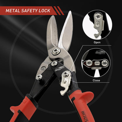 HOUSERAN 12 Inch Aviation Snips, Long Straight Cut Tin Snips, Heavy Duty CR-MO Metal Cutter with Double Lever, Scale Markings & Safety Lock, Shears Scissors for Cutting Metal Sheet