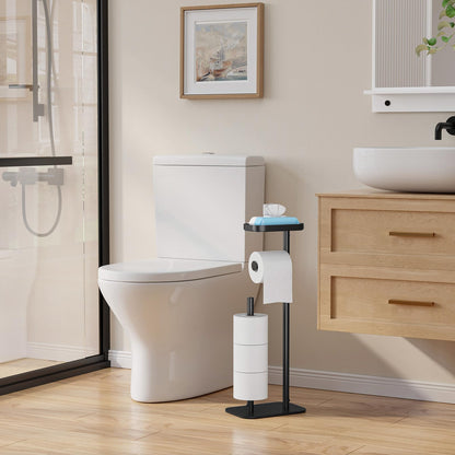 Kitsure Toilet Paper Roll Holder Free Standing – Rustproof Metal Toilet Paper Stand for 4 Rolls with Anti-Slip Base and Shelf for Phone & Small Items, Black, 63.0 x 23.5 x 15.0 cm
