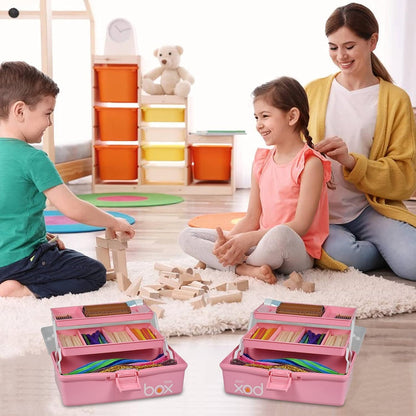 30cm Three-Layer Multipurpose Storage Box Organizer Folding Tool Box/Art & Crafts Case/Sewing Supplies Organizer/Medicine Box/Family First Aid Box with 2 Trays (Pink)