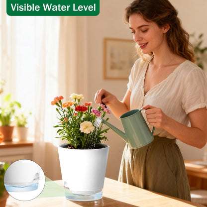 6 Pack Plant Pots with Clear Reservoirs 7/6.5/6/5.5/5/4 Inch Self Watering Planters for Indoor Plants Visible Water Level Flower Pots Rope and Drainage Holes for Home Garden(White)