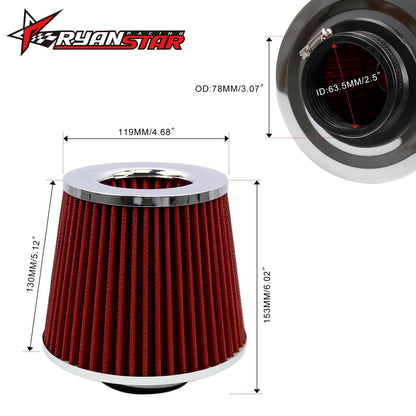 RYANSTAR RACING 63mm 2.5" High Flow Round Tapered Cone Cool Air Filter Cleaner with Top Filter Design Short 153mm Tall