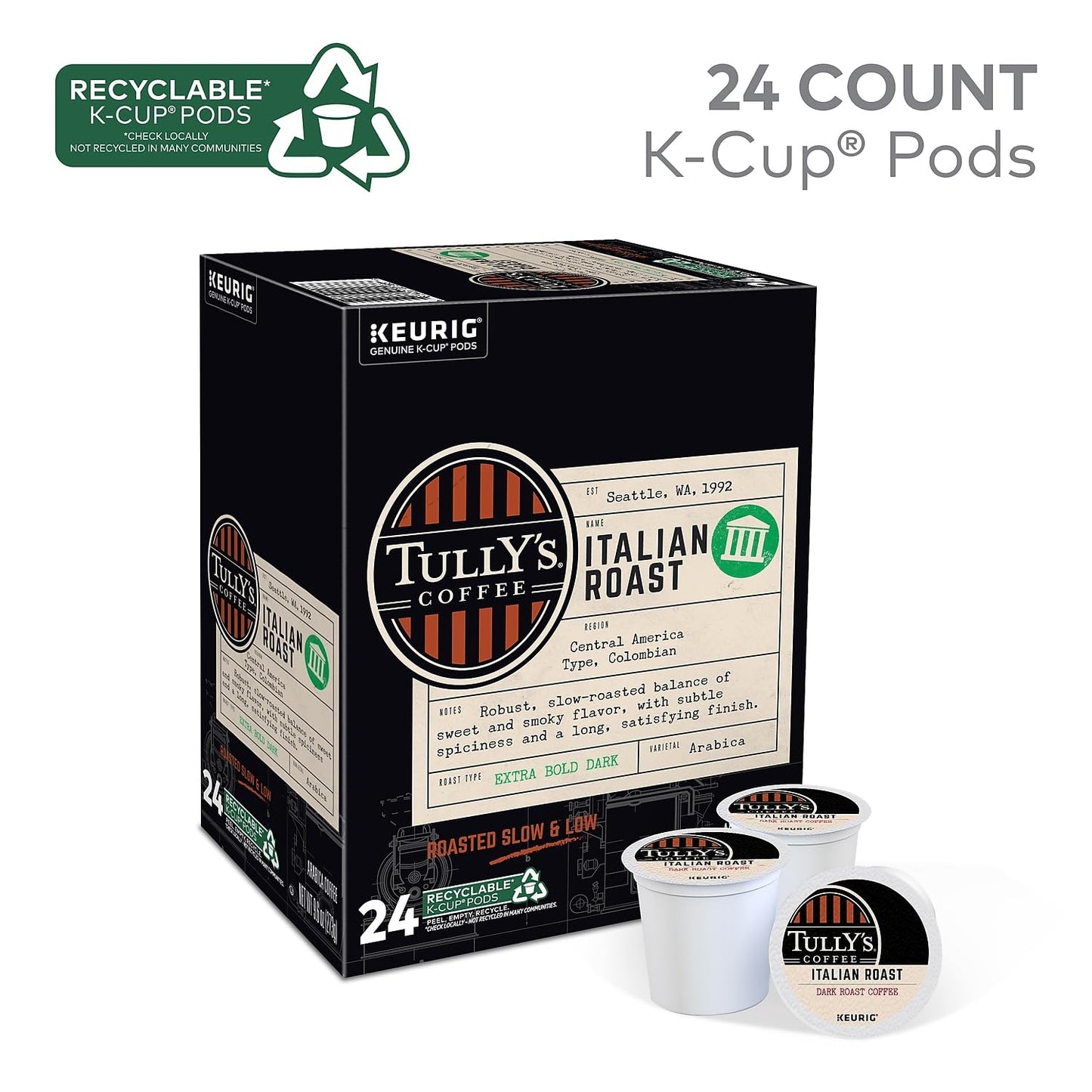 Tully's Certified Italian Roast Coffee K-Cup Pods for Keurig Coffee Makers, Box of 24