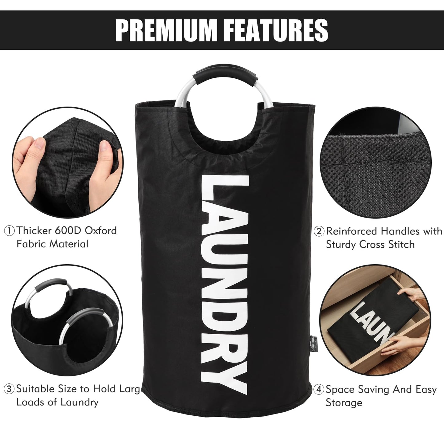 DOKEHOM 125L X-Large Collapsible Washing Laundry Basket Bag (7 Colors) for Bedroom, Fabric (Black, XL)