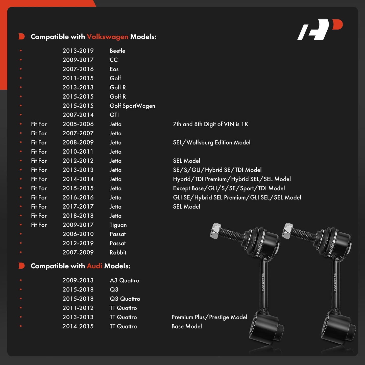 A-Premium 2 x Rear Sway Bar Links Stabilizer Bar Links, Compatible with Volkswagen Jetta Golf Passat Tiguan Eos CC Beetle & Audi A3 (Quattro) Q3 (Quattro) TT (Quattro)