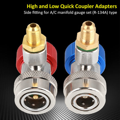 R134a Quick Coupler Adapter Set, Low and High Side AC Coupler Connector with 1/4" Flare Male Thread, Heavy Duty Brass Air Conditioning Charging Hose Fitting for Car AC System Evacuation