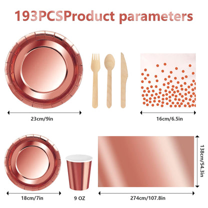 Nkaiso 193 Piece Rosegold Party Tableware, Party Paper Plates and Cutlery Set Includes Plates Cups Dinnerware Napkins, for Birthday Wedding Babyshower Decorations Supplies-24 Guests