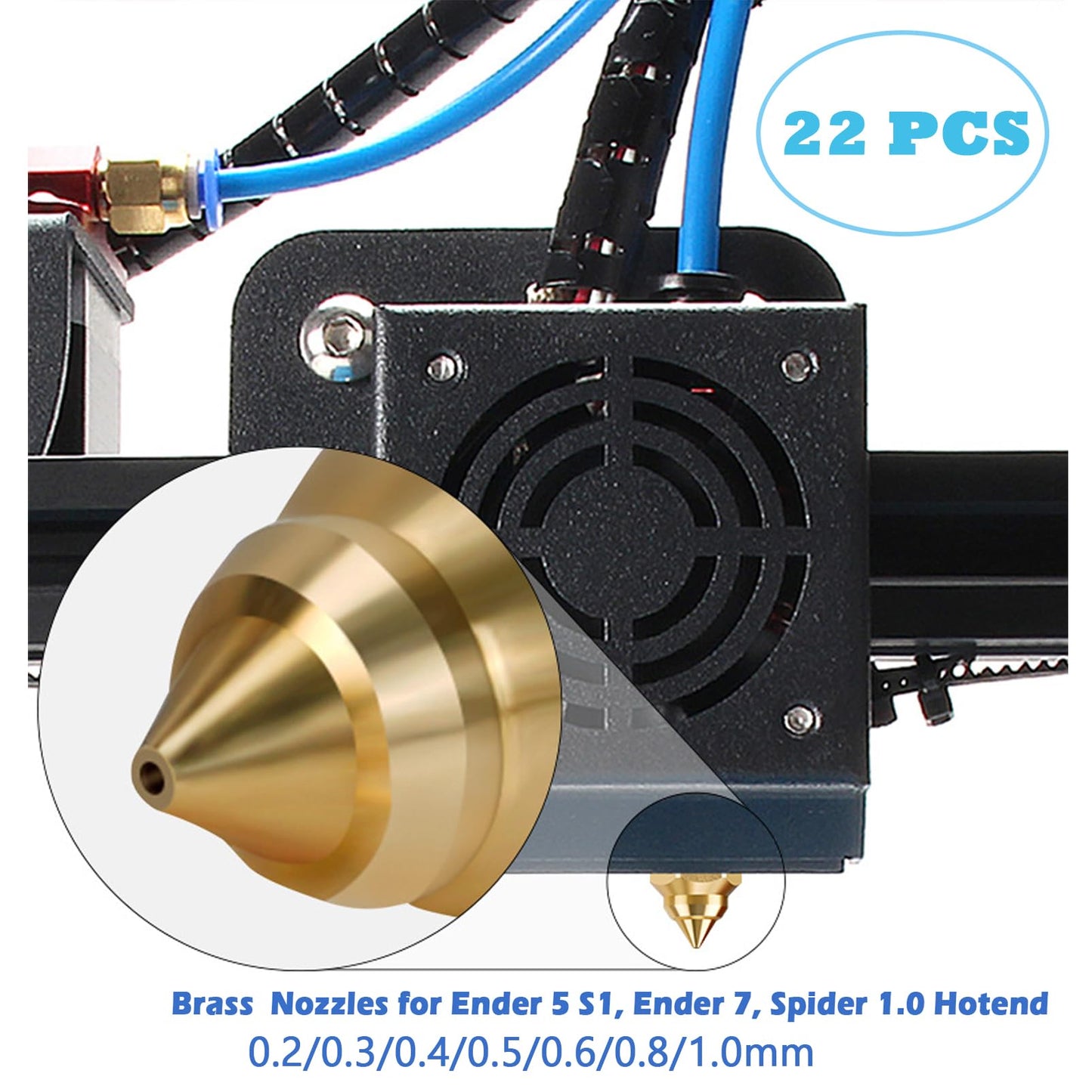 Creality 22PCS Ender 5 S1 Brass Nozzles Kit, 3D Printer 10PCS 0.4mm and 2PCS 0.2mm, 0.3mm, 0.5mm, 0.6mm, 0.8mm, 1.0mm Nozles Kit for Ender 3 V3 SE, Ender 5 S1, Ender 7, Spider 1.0