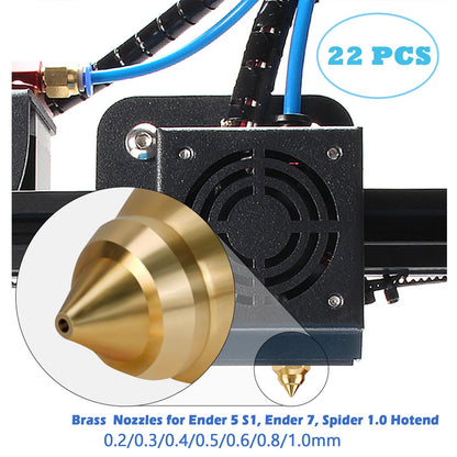 Creality 22PCS Ender 5 S1 Brass Nozzles Kit, 3D Printer 10PCS 0.4mm and 2PCS 0.2mm, 0.3mm, 0.5mm, 0.6mm, 0.8mm, 1.0mm Nozles Kit for Ender 3 V3 SE, Ender 5 S1, Ender 7, Spider 1.0