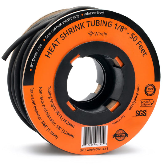 Wirefy | Heat Shrink Tubing - 1/8" inch - 3:1 Ratio - Adhesive Dual Wall Waterproof - Heat Shrink Tube - Heatshrink Tubes - Black - 50 Feet Roll | Trusted UL Certification