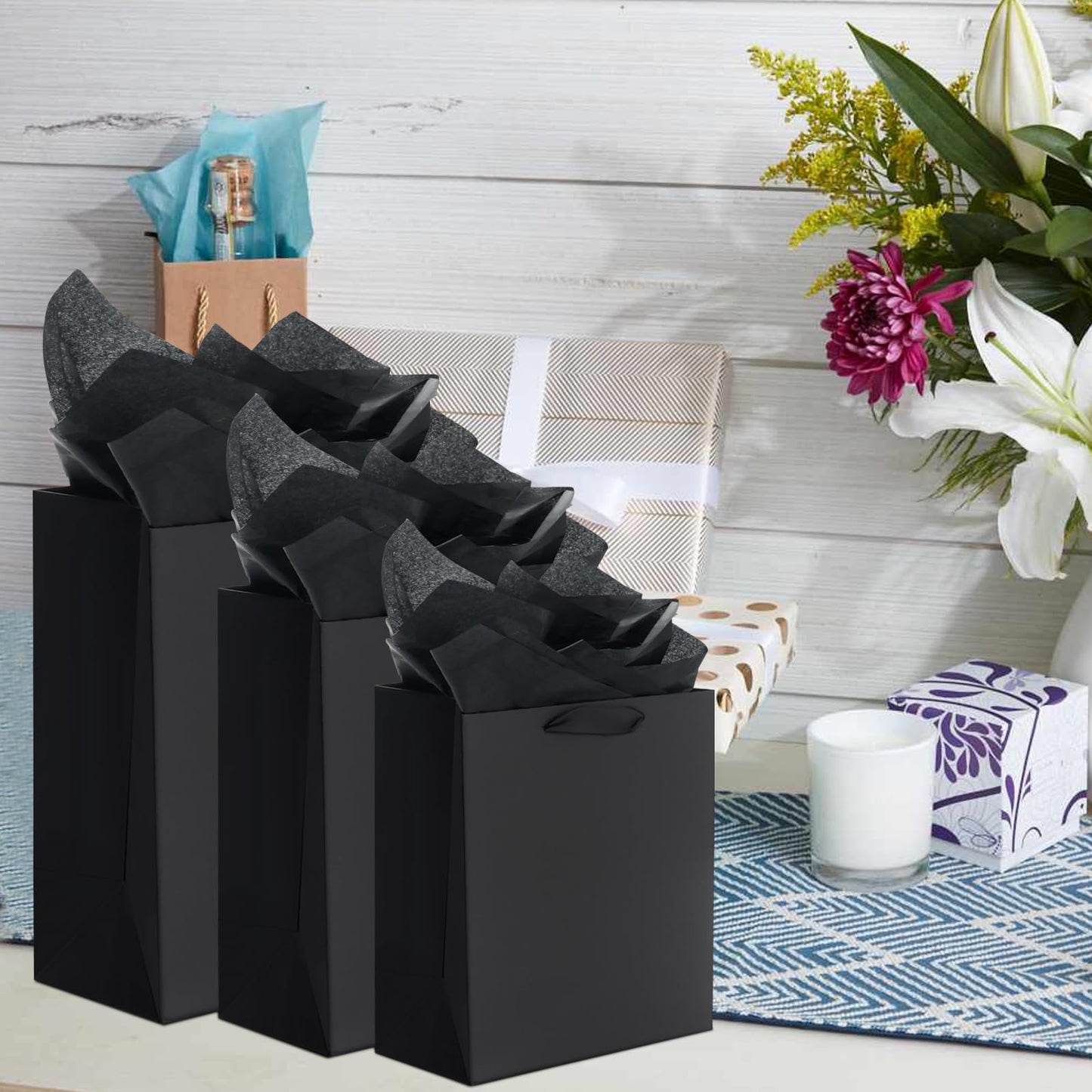QIELSER 12 Pack Black Gift Bags with Ribbon Handles, Kraft Paper Gift Bags with Tissue Paper 3 Different Sizes in 21.5cm, 25.5cm and 33cm for Party Favor, Wedding, Retail, Business, Graduations