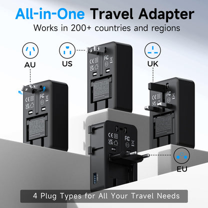 YOOVEI Mini Universal Travel Plug Adapter, 2026 Ultra-Thin PD 25W Fordable Travel Adapter with 1AC 1USB-A 2USB-C Ports,Smart Temperature Control, Worldwide EU/UK/AU/AS Plug Adapter for Travel