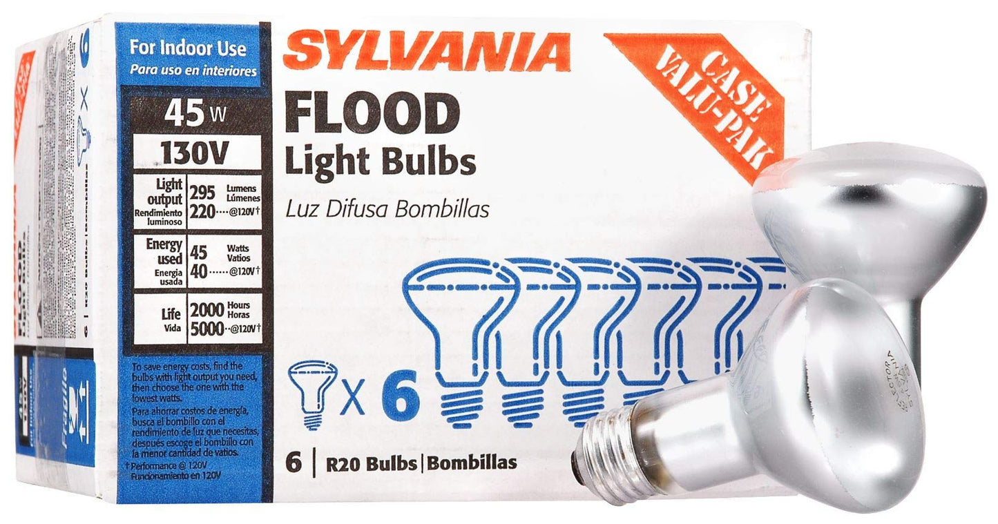 Sylvania 15676 R20 130-Volt 45-Watt Reflector Indoor Flood Light Bulbs, Incandescent Light (Pack of 6)