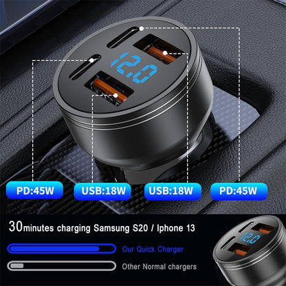 126W USB C Car Charger, 4-Port 2 USB PD 3.0 + 2 USB QC 3.0 Car Charger, Metal USB Cigarette Lighter USB C Adapter with LED Voltmeter DC12-24V for Android, Tablet and All Smartphones(Black)