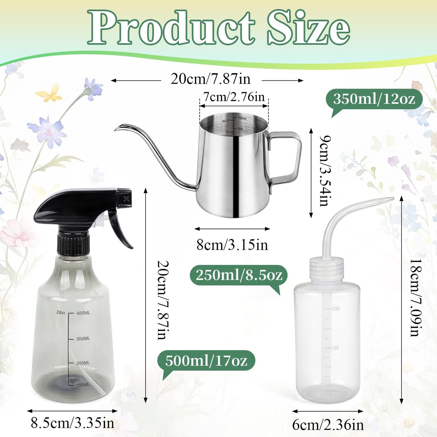 Boocalny 3Pcs Watering Can Indoor Plants Set,350ml Stainless Steel Long Spout Plant Watering Pot & 250ml Squeeze Bottle& 500ml Mist Spray Bottle,Mini Indoor Watering Can for House Garden Potted Flower