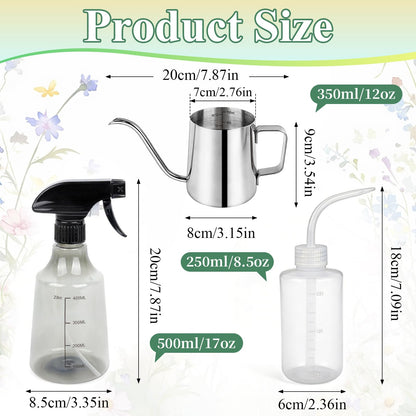 Boocalny 3Pcs Watering Can Indoor Plants Set,350ml Stainless Steel Long Spout Plant Watering Pot & 250ml Squeeze Bottle& 500ml Mist Spray Bottle,Mini Indoor Watering Can for House Garden Potted Flower