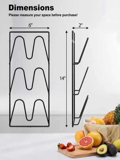2 Pack Pot Lid Organizer Rack, 6-Tier V-Wall Pot Lid Holder, No Drilling Adhesive Cabinet Door/Wall Mounted Pot Cover Rack, Kitchen Shelf for Pots and Pans (Black)