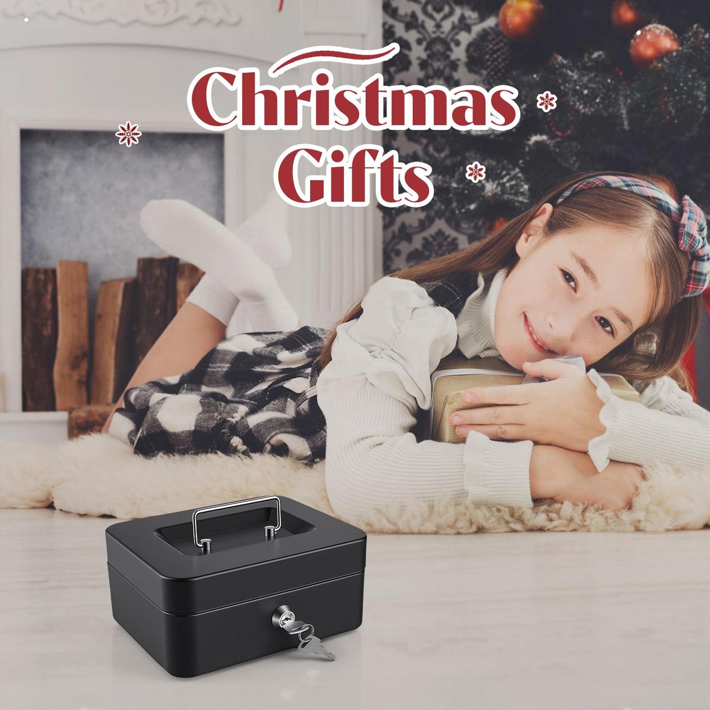 Cash Box with Money Tray and Lock Small Cash Box with Key Lock Box for Money 7.87 x 6.3 x 3.54 Inches Black