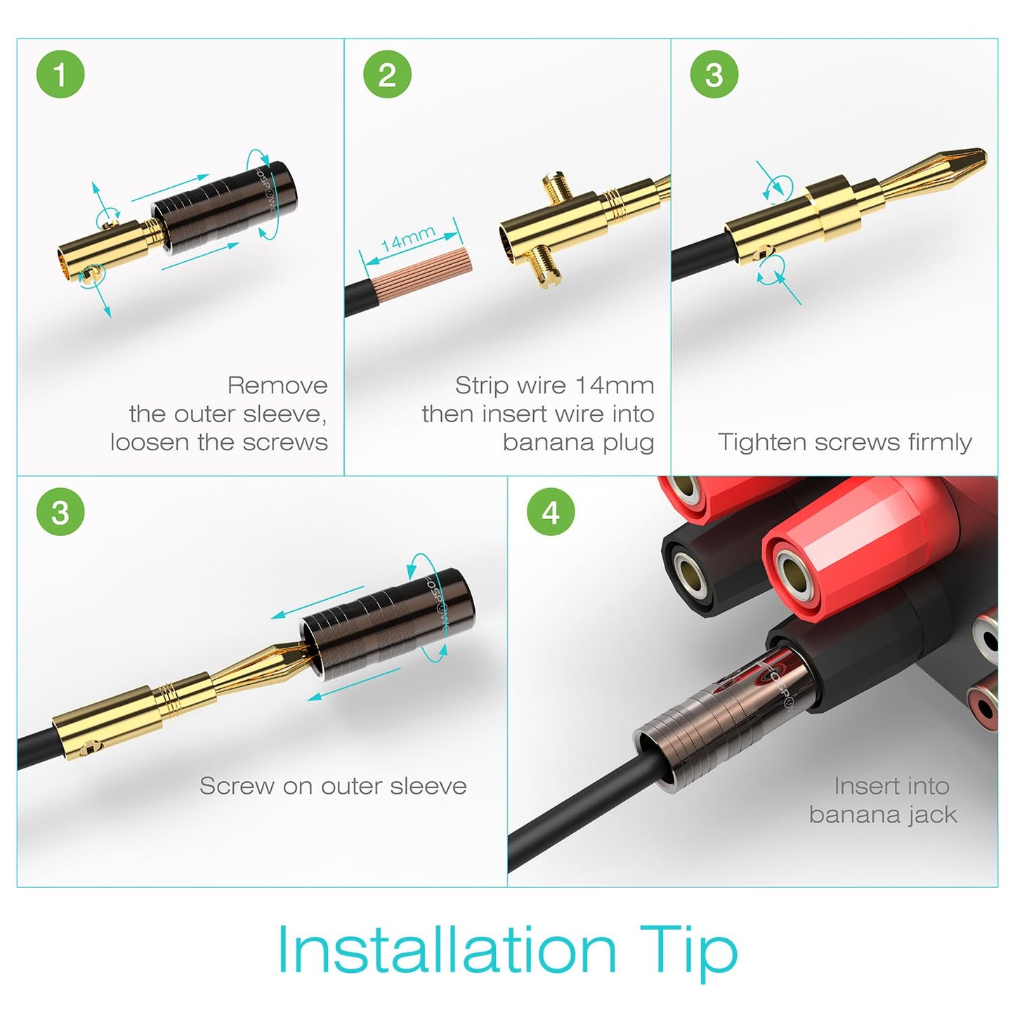 FosPower Banana Plugs 10 Pairs / 20 pcs, Closed Screw 24K Gold Plated Banana Speaker Plug Connectors for Speaker Wire, Wall Plate, Home Theater, Audio/Video Receiver, Amplifiers and Sound Systems