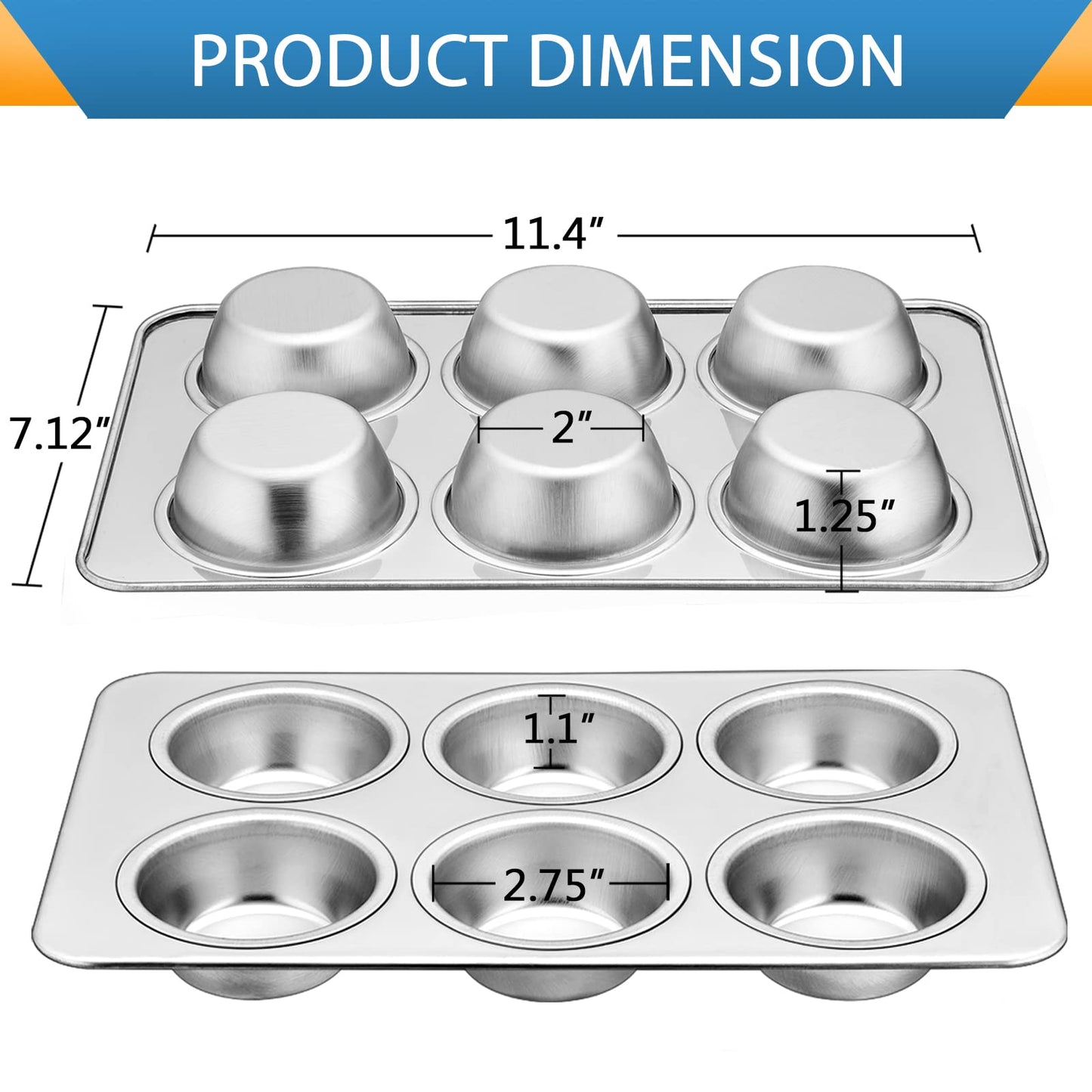 Set of 2 Stainless Steel E-far Baking Muffin Pans, Metal Cupcake Tray, Non-Toxic and Healthy, Suitable for Oven and Dishwasher, Standard Size - 29 x 18 x 3.2cm