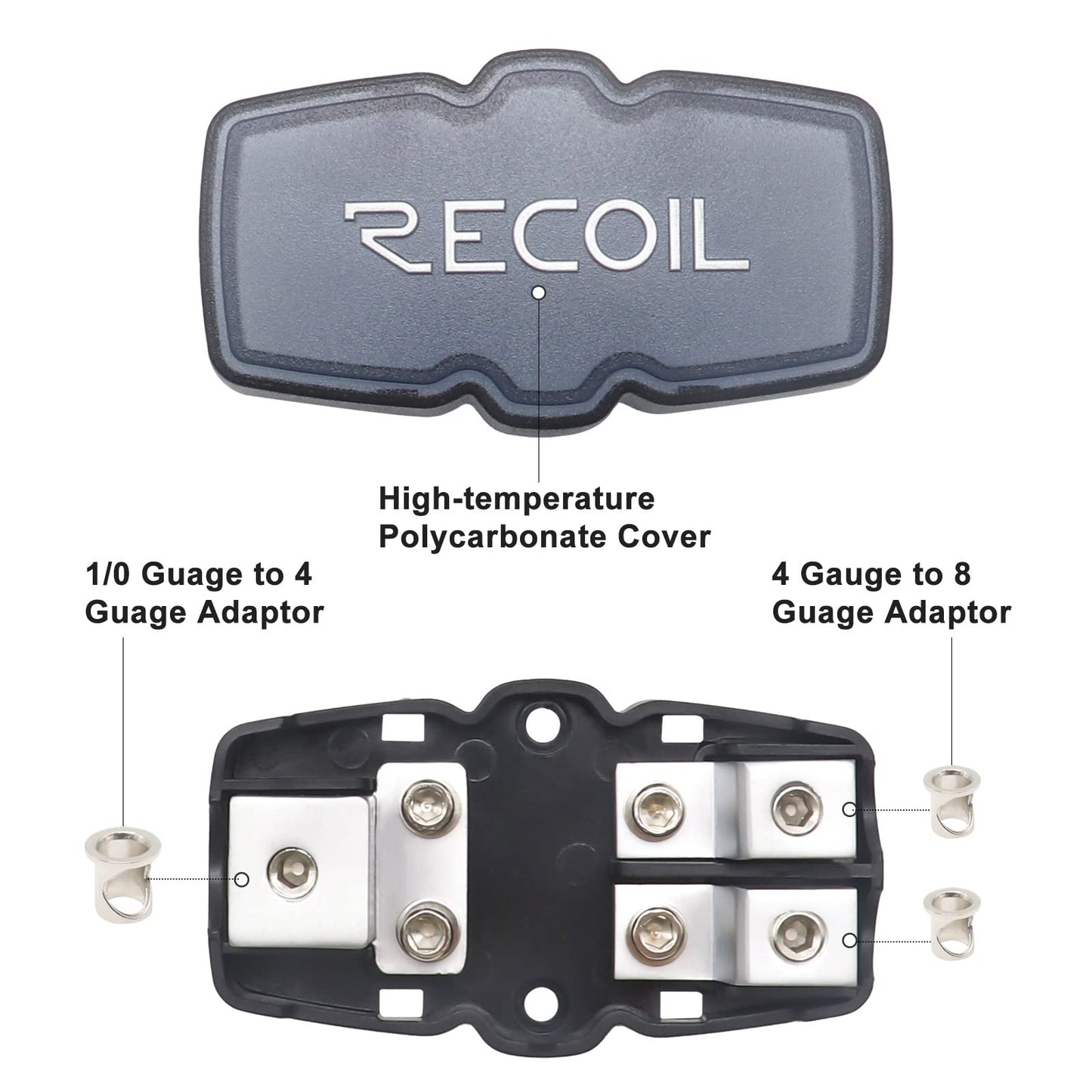 Recoil MFH12 2 Way Mini-ANL Fused Distribution Block, 1 X 0/2/4 Gauge in / 2 X 4/8 Gauge Out Fused Distribution Block with 60A, 80A, 100A Fuses, Solid Brass for Maximum Power Transfer