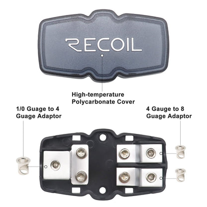 Recoil MFH12 2 Way Mini-ANL Fused Distribution Block, 1 X 0/2/4 Gauge in / 2 X 4/8 Gauge Out Fused Distribution Block with 60A, 80A, 100A Fuses, Solid Brass for Maximum Power Transfer