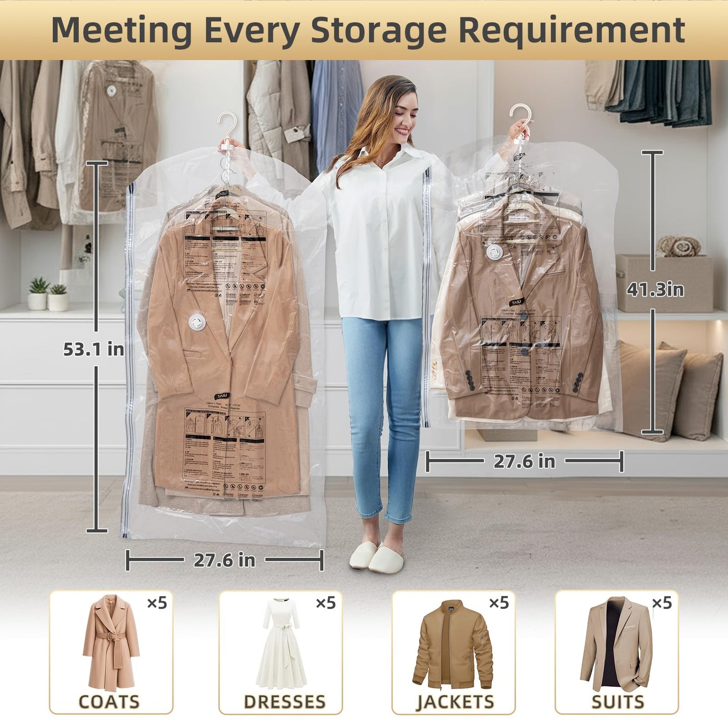 TAILI Hanging Vacuum Storage Bags Space Saver Bags for Clothes, Set of 4 (2 Long, 2 Short), Vacuum Sealer Bags for Coats, Suits and Jackets, Closet Organizers and Storage