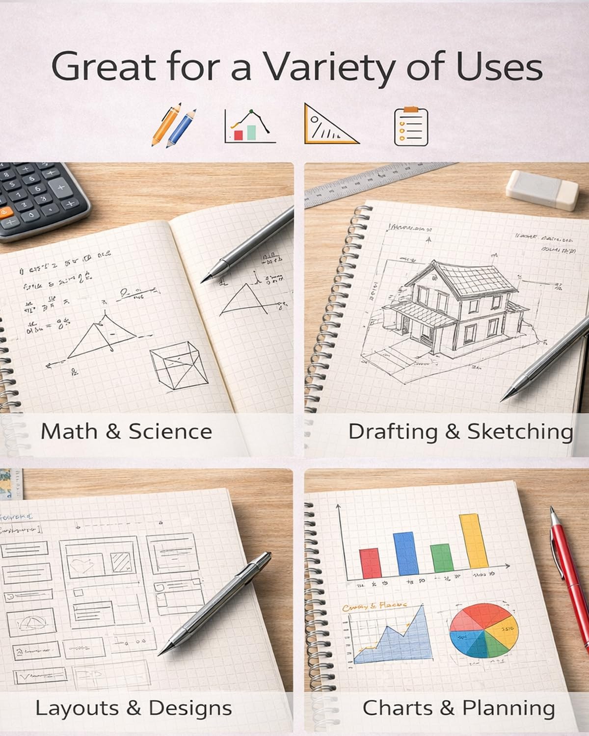4-Pack A4 Spiral Graph Paper Notebooks (8.3" x 11.5"), 5mm Grid Quad Ruled, 160 Pages (80 Sheets) Each, Hardcover Wirebound Lay-Flat for Math, Engineering & Drafting