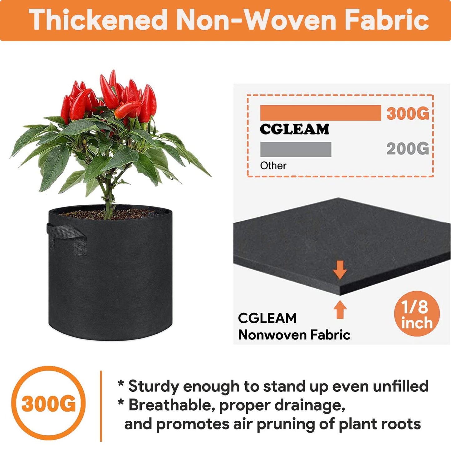 CGLEAM Grow Bags 10 Gallon 5 Pack Large Fabric Pots Heavy Duty 300g Thickened Nonwoven Grow Bags with Handles for Vegetables Fruits Flowers Plants Indoor Outdoor(16" Dia x 12" H)