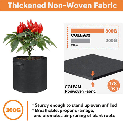 CGLEAM Grow Bags 10 Gallon 5 Pack Large Fabric Pots Heavy Duty 300g Thickened Nonwoven Grow Bags with Handles for Vegetables Fruits Flowers Plants Indoor Outdoor(16" Dia x 12" H)