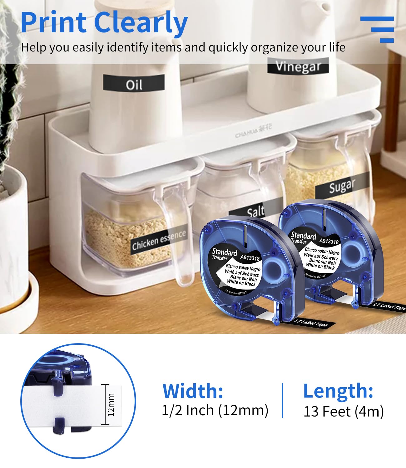 Black Label Tape Replace for Dymo LetraTag Refills 12mm x 4m Plastic Labels Tape 913318 Compatible with Dymo Label Maker Refill Plastic White on Black 1/2 Inch for LT-200B 100H LT100T Plus QX50,5-Pack