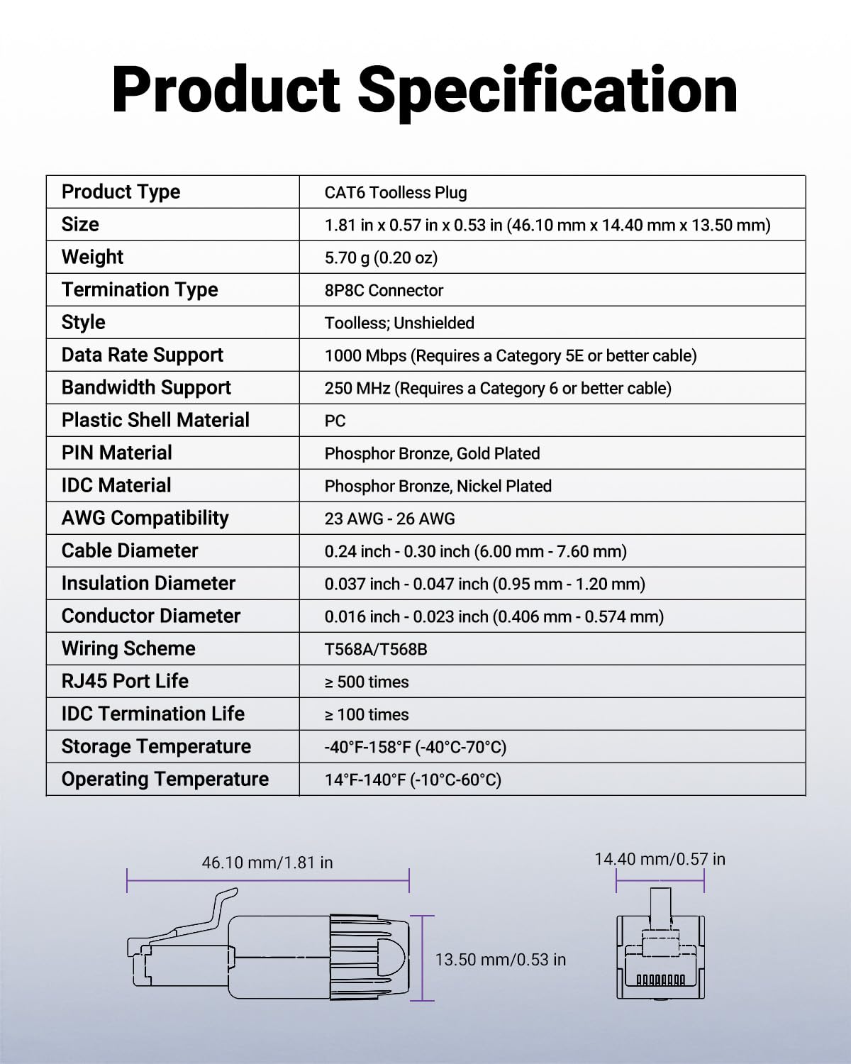 VCELINK CAT6 Tool-Free RJ45 Connector, No-Crimp Compact UTP Reusable Plug for Field Termination for 23-26 AWG Ethernet Cables, 1000 Mbps, Transparent Purple, 6-Pack