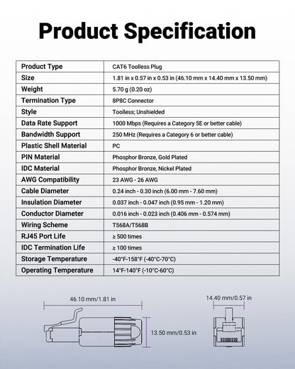 VCELINK CAT6 Tool-Free RJ45 Connector, No-Crimp Compact UTP Reusable Plug for Field Termination for 23-26 AWG Ethernet Cables, 1000 Mbps, Transparent Purple, 6-Pack