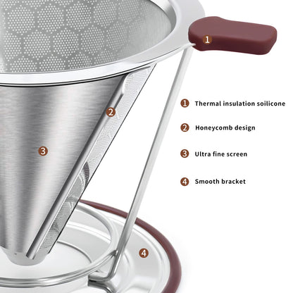 Pour Over Coffee Dripper, Stainless Steel Coffee Filter Reusable Pour Over Coffee Filter Cone Coffee Dripper… (Removable 1-2Cup)