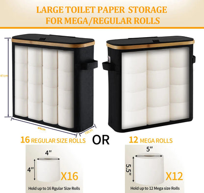 Large Toilet Paper Storage Basket Box with Lid for Mega Rolls, Extra Toilet Paper Storage Holder Stand Tissue Organizer Box for Bathroom, Slim Toilet Roll Container Storage Bin, Black