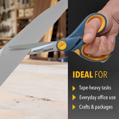 Westcott 8-Inch Titanium-Bonded Non-Stick Straight Scissors with Adjustable Glide Feature for Office and Home - Gray/Yellow, 3 Pack