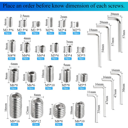 HanTof 747Pcs 21 Sizes Metric M2/M2.5/M3/M4/M5/M6/M8 Allen Head Socket Hex Grub Set Screws,Internal Hex Drive Headless Cup-Point Set Screws Assortment Kit with 7Pcs Hex Wrenches,304 Stainless Steel