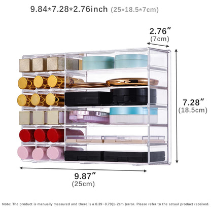 Clear Acrylic Makeup Organizer with Multi-Section Compartments, Lipstick Holder and Drawer Divider, 25 x 18.5 x 7 cm