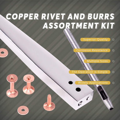Swpeet 38Pcs 3 Sizes Copper Rivet and Burrs Assortment Kit, Including Stainless Steel Burr Setter and Copper Rivet Fastener Install Setting Tool for Belts Wallets Collars Leather DIY Craft Supplies