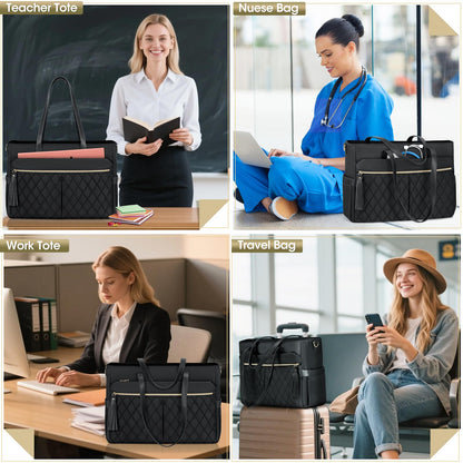 RAINSMORE Laptop Bag For Women 15.6 Inch Work Teacher Tote Bag Waterproof Nurse Bag Large Handbag Shoulder Travel Computer Messenger Bag Briefcase,Black