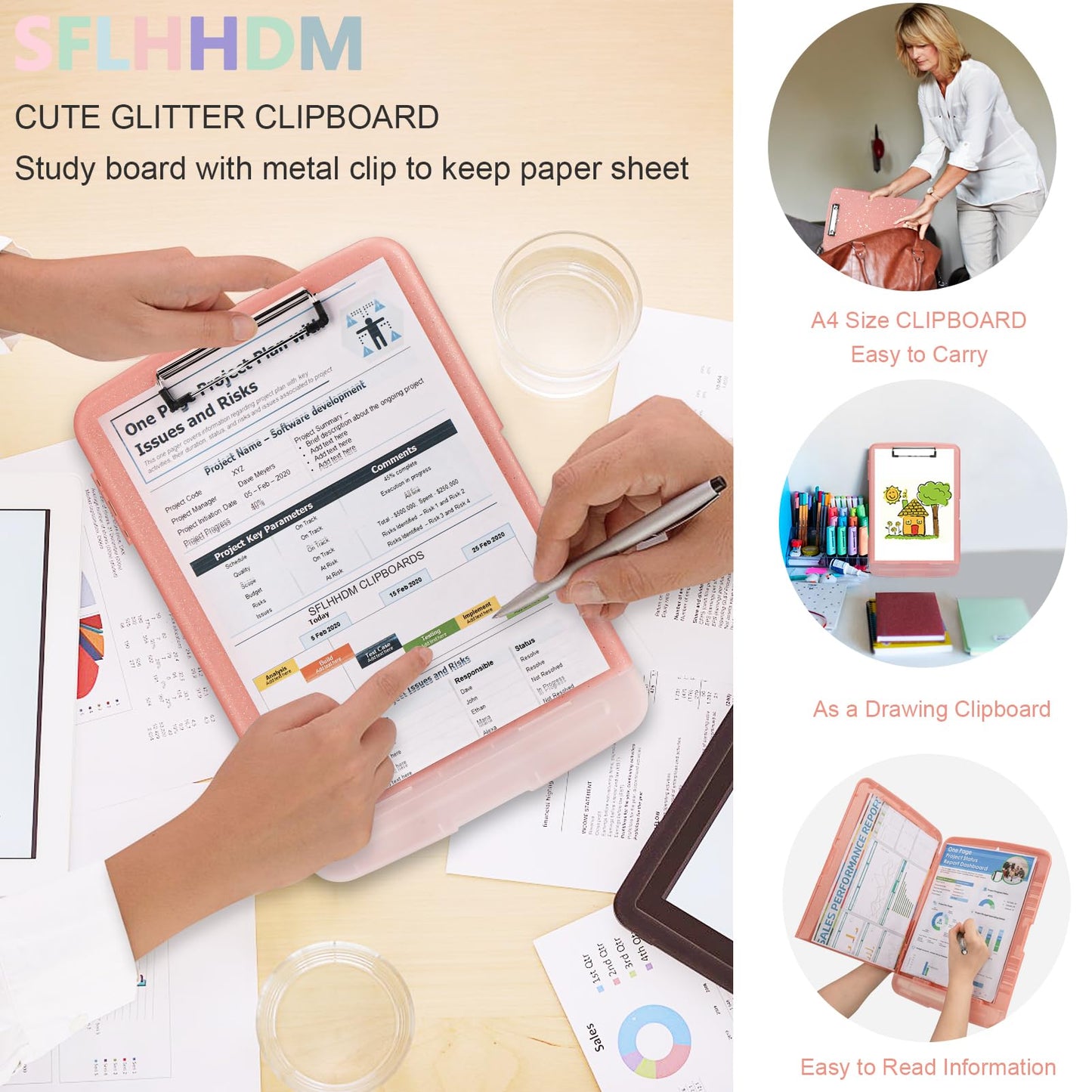 SFLHHDM Glitter Clipboard with Storage,A4 Clip Boards 8.5x11 with Pen Holder,Storage Clipboard with Low Profile Clip,Side Opening Sparkle Clipboards,Clipboards Folder for Office(Pale Pink)