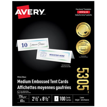 Avery Printable Medium Embossed Tent Cards with Micro-Perforated and Surefeed Technology, 2.5" x 8.5", Double Sided Printing, Matte White Cardstock, for Laser/Inkjet Printer, 100 Blank Cards, (5305)