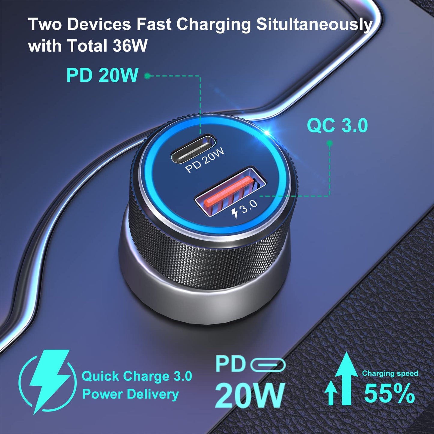 USB C Car Charger[5Pack], Bangfun 36W Dual Port 12V USB Car Charger PD&QC 3.0 Fast Charge Car Phone Charger Cigarette Lighter Adapter for iPhone 15 14 13 12 11 Pro Max,Samsung S24/A15/A53, Pixel 6 7
