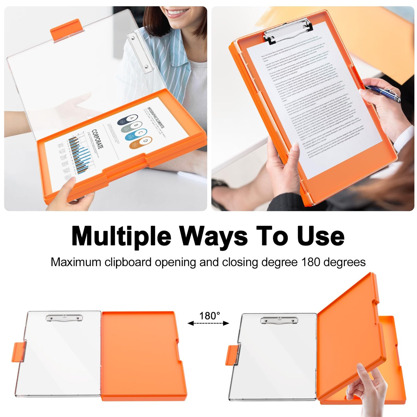 Clipboard with Storage, 8.5x11 Clip Boards with 2 Storage Case and A4 Paper Folder, Clear Dry Erase Top Panel, Heavy Duty Plastic, Folio & Side-Opening, for Nurses, Teacher, Lawers, Orange