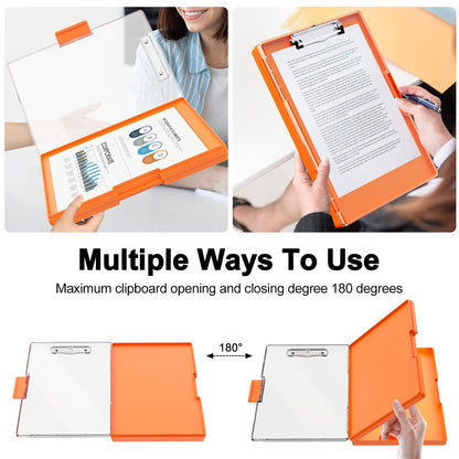 Clipboard with Storage, 8.5x11 Clip Boards with 2 Storage Case and A4 Paper Folder, Clear Dry Erase Top Panel, Heavy Duty Plastic, Folio & Side-Opening, for Nurses, Teacher, Lawers, Orange